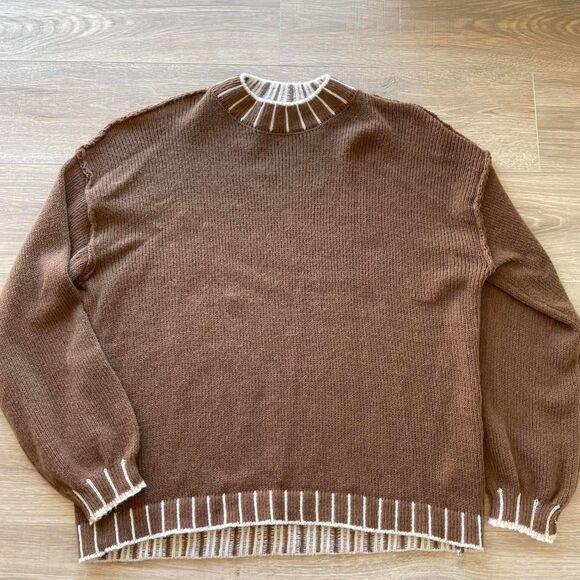 Women's Chocolate Brown Knit Sweater Women's XL w White Stitching Slouchy Cozy - Picture 1 of 8